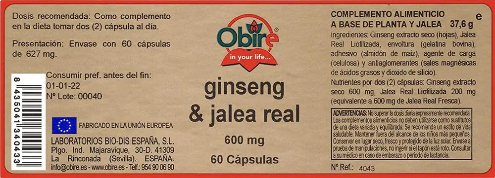Ginseng y la Jalea Real de 600 mg. 60 cápsulas | Obire 1